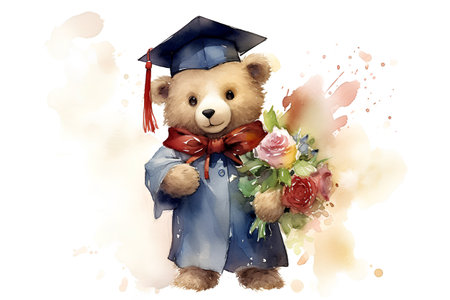 Watercolor teddy bear with graduation cap and bouquet of flowersの素材