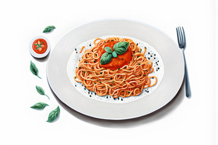 Spaghetti with tomato sauce and basil on a plate. Vector illustration.の素材