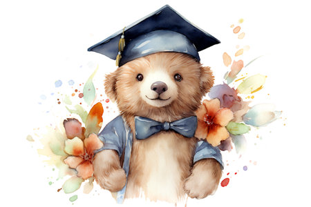 Watercolor portrait of a cute school dog with graduation cap and flowers.の素材