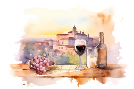 Watercolor illustration of a bottle of wine and a glass of red wine with a bunch of grapes.の素材