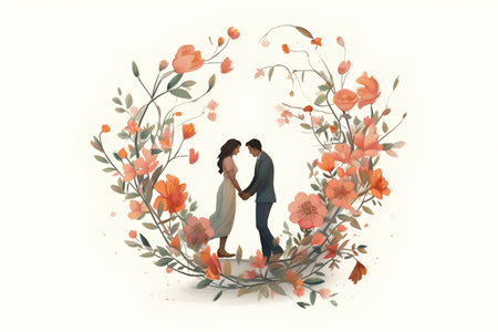 Wedding couple in a wreath of flowers. Vector illustration.の素材