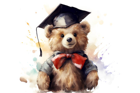 Watercolor illustration of a teddy bear in a graduation cap.の素材