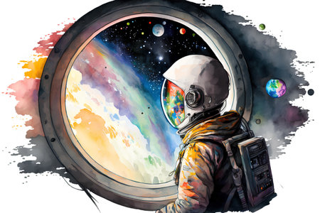 Astronaut in space. Hand drawn watercolor illustration isolated on white backgroundの素材