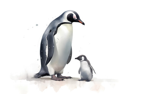 Watercolor penguin and chick. Illustration on white background.の素材