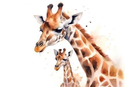 Beautiful vector image with nice watercolor giraffe baby and motherの素材