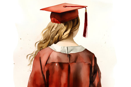 Watercolor illustration of a female graduate in a cap and gown.の素材