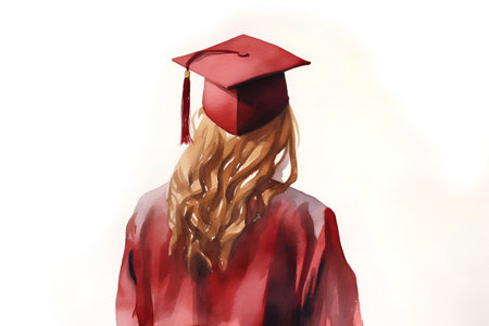 Watercolor illustration of a girl in a graduation cap on a white backgroundの素材