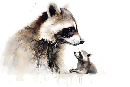Watercolor raccoon with cub on white background. Hand drawn illustrationの素材