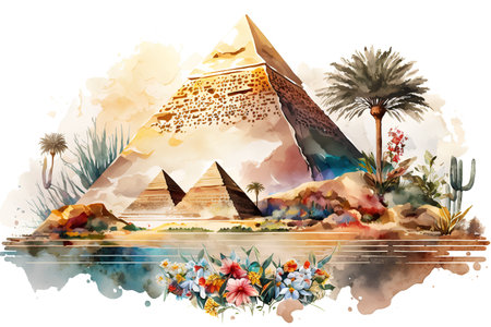 Egyptian pyramids with flowers and palm trees on watercolor backgroundの素材