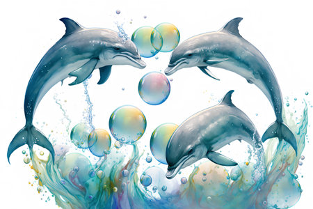 Dolphins and soap bubbles. Watercolor hand drawn illustration isolated on white backgroundの素材
