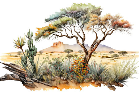 Desert landscape with a dry tree. Watercolor hand drawn illustrationの素材