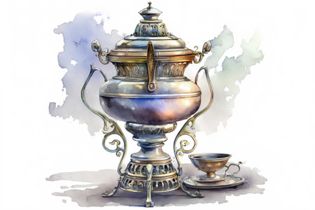 Watercolor samovar on a white background. Watercolor illustration.の素材