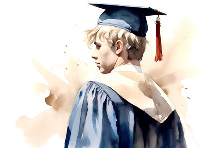 Young man in graduation gown and mortarboard. Watercolor painting.の素材