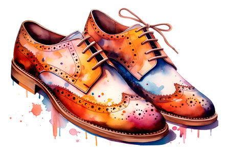 Hand drawn watercolor illustration of a pair of mens shoes.の素材