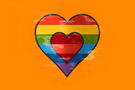 Rainbow heart painted in the colors of the LGBT flag on an orange backgroundの素材