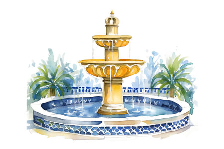 Watercolor hand drawn illustration of a fountain on a white background.の素材