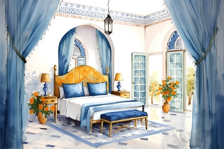 Interior of a bedroom with blue curtains and a blue bed.の素材