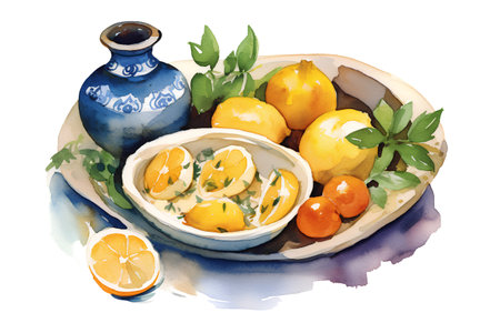 Watercolor illustration of a bowl of lemonade with lemons and orangesの素材