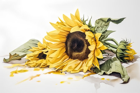 Sunflower and watercolor splashes isolated on a white background.の素材