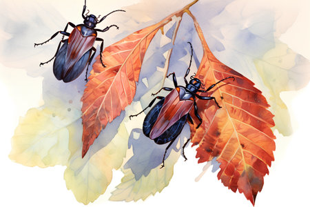 Watercolor illustration of two cockroaches on the background of autumn leavesの素材