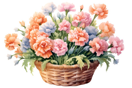 Basket with flowers. Watercolor illustration isolated on white background.の素材