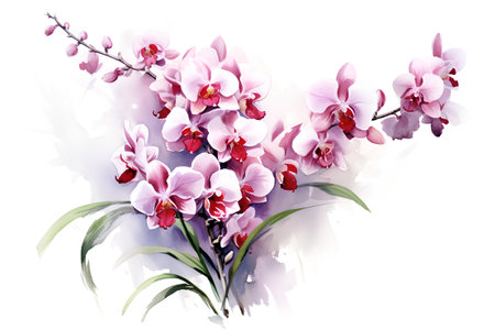 Watercolor branch of pink orchid flowers isolated on white background. Hand painted illustrationの素材