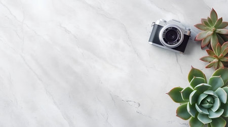 Top view of retro camera and succulents on white marble backgroundの素材