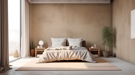interior of modern bedroom with beige wall, carpet and wooden bedの素材