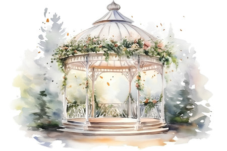 Watercolor gazebo with flowers. Wedding ceremony. Illustrationの素材