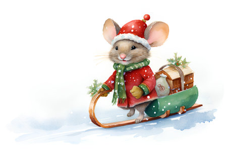 Christmas greeting card with cute little mouse in sledge. Watercolor illustrationの素材