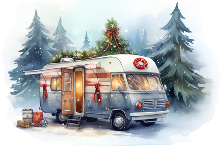 Hand drawn watercolor illustration of a Christmas caravan with a Christmas tree.の素材