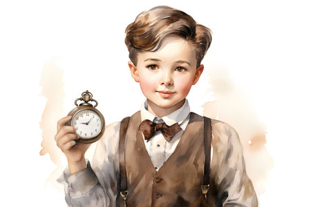 Portrait of a young boy with a clock in his hand.の素材