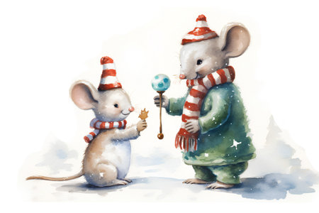 Watercolor illustration of a couple of mice in winter clothes and hats.の素材