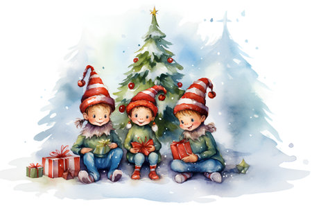 Watercolor illustration of a group of children with Christmas tree and gifts.の素材