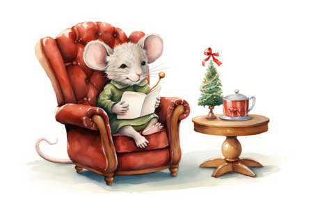 Cute cartoon mouse sitting in armchair with a book and a Christmas tree.の素材