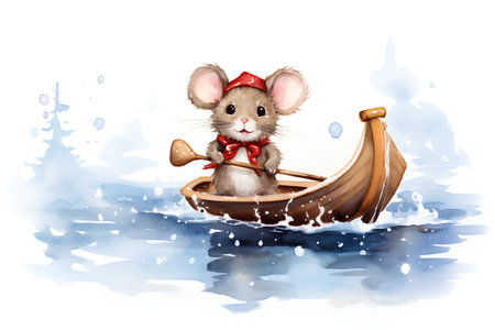 Cute cartoon mouse in boat. Watercolor illustration on white background.の素材