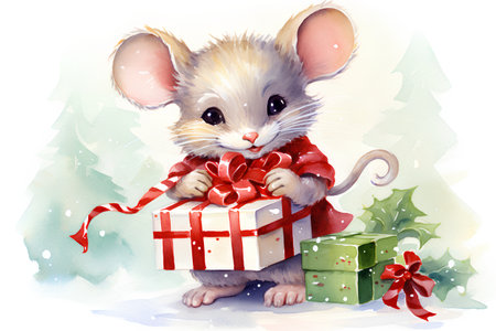 Cute little mouse with a gift box. Watercolor illustration.の素材