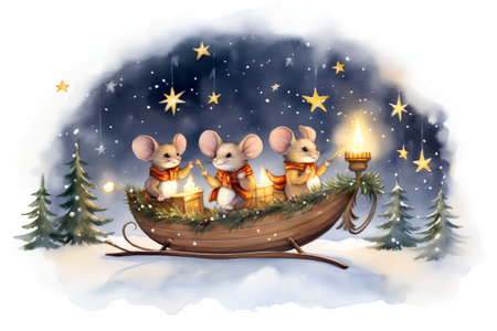 Watercolor Christmas card with cute cartoon mice in wooden sleigh.の素材