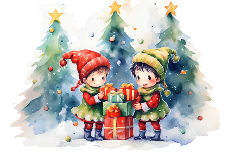 Christmas greeting card with children in Santa Claus costumes. Watercolor illustration.の素材