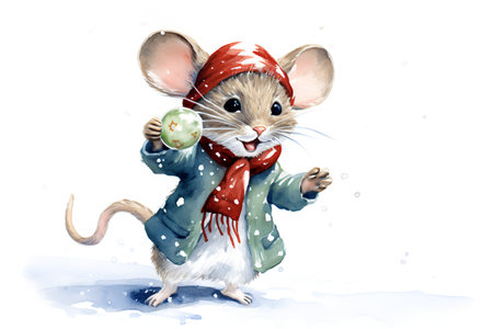 Cute mouse in winter clothes and scarf. Watercolor illustration.の素材