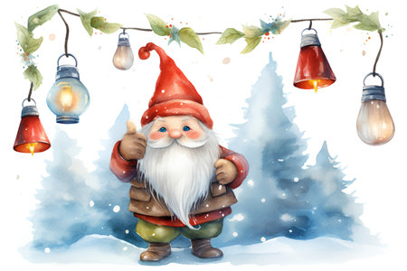 Watercolor Santa Claus with Christmas lights. Hand drawn illustration on white backgroundの素材