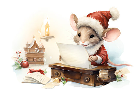Cute cartoon mouse in Santa Claus hat with book. Watercolor illustrationの素材