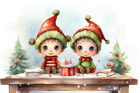 Cute little boy and girl in christmas elf costumes. Watercolor illustrationの素材