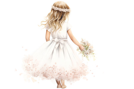 Girl in a white dress with a bouquet of flowers on a white backgroundの素材