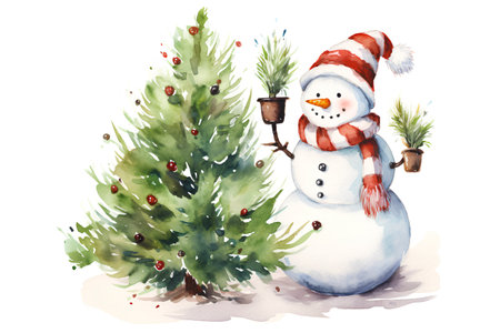Watercolor Christmas greeting card with snowman and fir tree. Hand drawn illustrationの素材