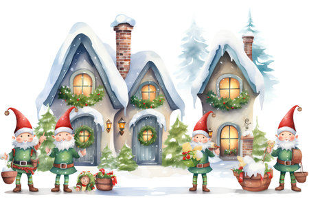 Christmas house with santa claus and elves. Watercolor illustrationの素材