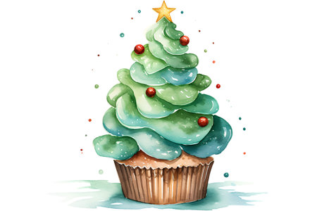 Watercolor Christmas cupcake with a Christmas tree. Hand drawn illustrationの素材