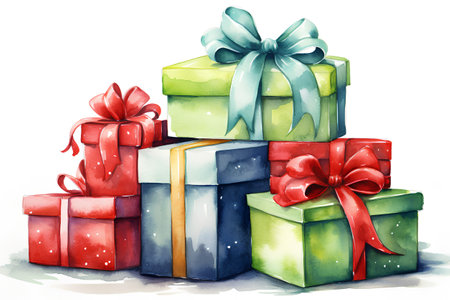 Gift boxes. Hand drawn watercolor illustration isolated on white backgroundの素材