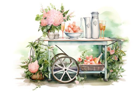 Watercolor illustration of a bouquet of hydrangeas in a wicker basket on a cart.の素材