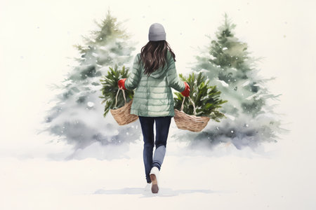 Young woman in winter clothes with basket of Christmas trees on white backgroundの素材